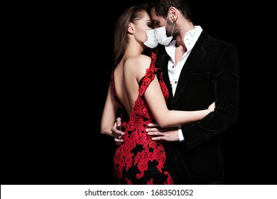 Fashion Photo Of Sexy Elegant Couple In Face Mask