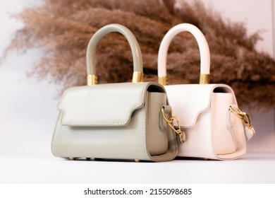 Fashion Photo Of Two Purse. Beige And Green Woman Handbag With Gold Chain On Background Of Pampas Grass Or Dried Flowers. Isolated On White Background. Product Composition Photography.