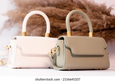 Fashion Photo Of Two Purse. Beige And Green Woman Handbag With Gold Chain On Background Of Pampas Grass Or Dried Flowers. Isolated On White Background. Product Composition Photography.