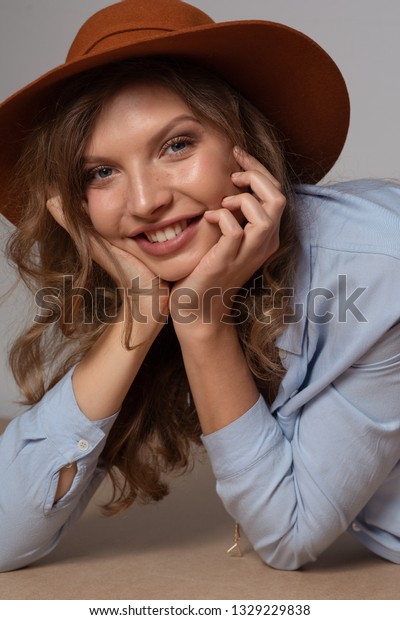 Fashion Portrait Beautiful Smiling Girl Curly Stock Photo Edit