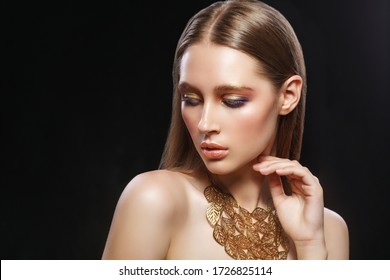 Fashion Portrait Model Girl Golden Chain Stock Photo (Edit Now) 1726825114