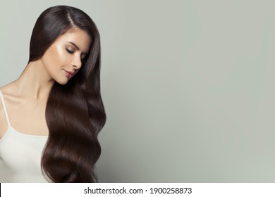 Fashion Portrait Of Nice Model Woman With Long Healthy Hair On White Background, Beautiful Face Profile