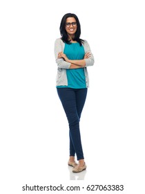 Fashion, Portrait And People Concept - Happy Smiling Young Indian Woman In Glasses