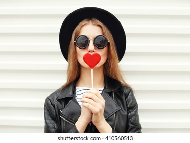 Fashion Portrait Pretty Sweet Young Woman Having Fun With Lollipop Over White Background