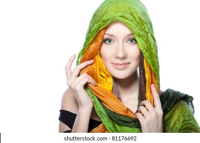 Fashion Portrait Of Sensual Woman With Bright Scarf Over Her Head, Isolated On White Background