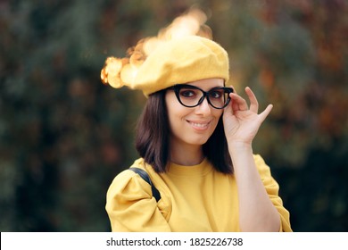 Fashion Portrait of a Woman Wearing Beret and Eyeglasses