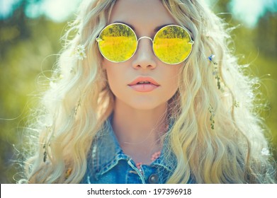 Fashion Portrait Of Young Hippie Woman In Summer Sunny Day