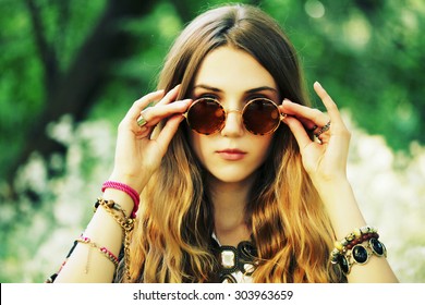 Fashion Portrait Of Young Hippie Woman In Summer Sunny Day