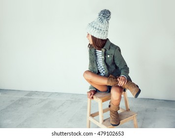 Fashion Pre Teen Girl Of 10 Years Old Wearing Fall Clothing And Boots, Hipster Style