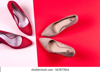 Fashion. Red and pastel female high-heeled shoes. Stylish Trendy heels Summer fashion girl Outfit, Luxury Party shoes, accessories. Hipster Essentials. Minimal fashion concept