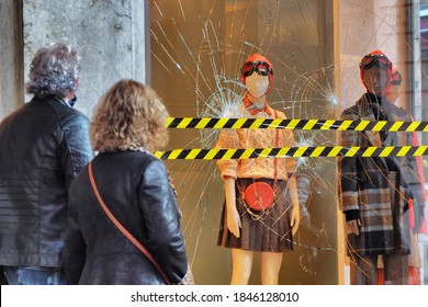 Fashion Retail Store Glass Window Damaged During The Riot Protest Against Lockdown And Related Economic Crisis Turin Italy November 2 2020
Deliberate Selective Focus On Background