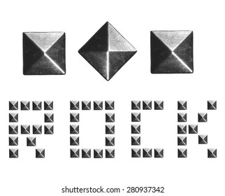Fashion Rivets, Pyramid Metal Studs isolated on white background, music design elements