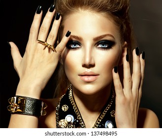 Fashion Rocker Style Model Girl Portrait. Hairstyle. Rocker Or Punk Woman Makeup And Hairdo