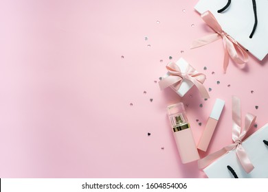 Fashion Set For Woman In Trendy Pink Pastel Color: Gift Box With Jewelry, Perfume, Lipstick And Gift Bags. St. Valentine’s Day Concept. Shopping And Sales Banner.