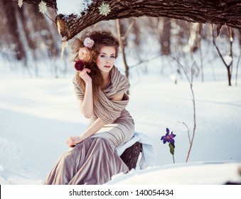 Fashion Shoot Of Young Beautiful Girl In The Winter Forest