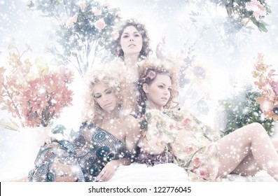 Fashion Shoot Of Young Beautiful Nymphs In The Abstract Winter Forest