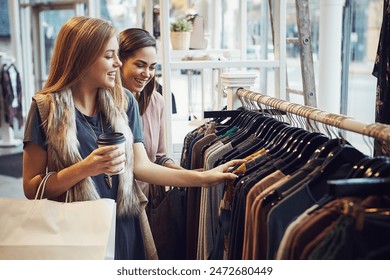 Fashion, shopping and friends with choice for clothes, sales and discount at luxury mall. Smile, retail store and customer with decision at boutique with funny women laughing or girls drinking coffee