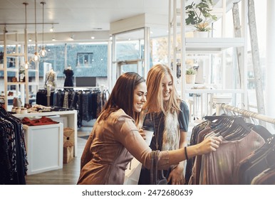 Fashion, shopping and friends with choice for clothes, sales or discount promo at luxury store. Smile, retail mall or customer with fabric at boutique for decision with women or girls drinking coffee