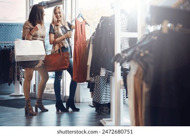 Fashion, shopping and friends with choice for clothes, sales and discount at luxury mall. Smile, retail store and customer with fabric at boutique for decision or advice with women drinking coffee - Powered by Shutterstock