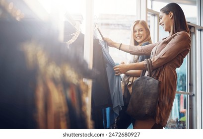 Fashion, shopping and friends with choice for clothes, sales and discount promotion at mall. Smile, retail shop and customer with fabric at boutique for purchase decision with women or girls at store - Powered by Shutterstock