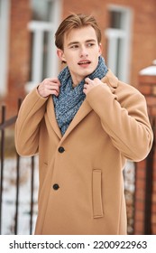 Fashion Shot Of A Stylish Handsome Young Man In A Trendy Coat And Scarf Posing On The City Street. Men's Beauty And Fashion.