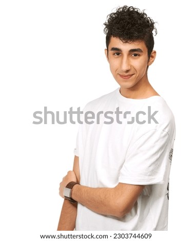 Similar – Portrait of a smiling Caucasian man in his 20s wearing a sweatshirt against a dark background.