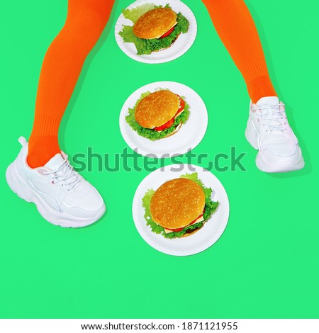 Fashion sporty sneakers with burgers. Minimal creative fast food concept art