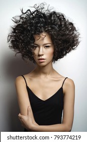 Fashion Studio Portrait Of Beautiful Woman In Black Dress With Afro Curls Hairstyle. Fashion And Beauty