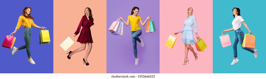 Fashion And Style. Panoramic full body length collage of five positive diverse casual women walking, running and flying with shopping bags from mall, posing isolated over colorful studio backgrounds