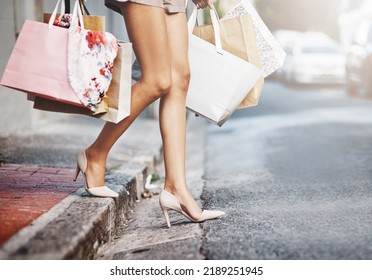 Fashion, Style And Shopping Bags While Out On An Urban City Street And Enjoying A Spending Spree. Closeup Of A Stylish Woman Carrying Her Purchases After Buying Items On Discount During A Sale