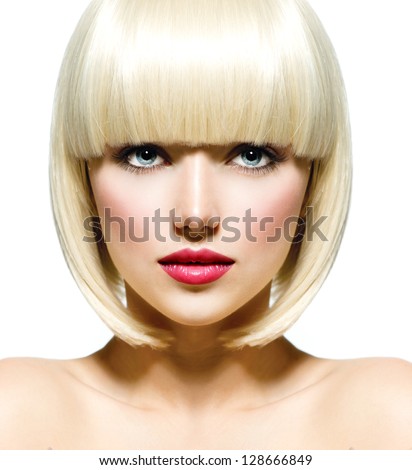 Fashion Stylish Beauty Portrait with White Short Hair. Beautiful Girl's Face Close-up. Haircut. Hairstyle. Fringe. Professional Makeup. Make-up. Vogue Style Woman. Isolated on a White Background.