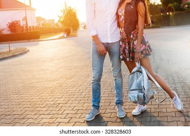  Fashion Summer  Portrait Of Couple In Love Walking On The Evening Street. Soft Vintage  Warm Colors. Young Pretty Girl And Her Handsome Boyfriend Enjoying  Day Off And Have Perfect Time.