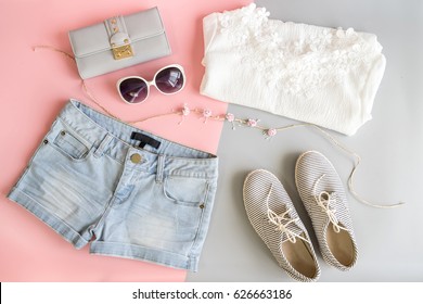 Fashion Summer Women Clothes Set, Flat Lay, Top View