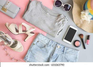 Fashion Summer Women Clothes Set With Cosmetics And Accessories, Flat Lay, Top View