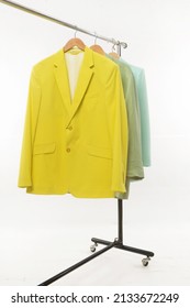 Fashion Three Formal Green Suit, Jacket Closeup On Hanger