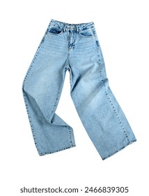 Fashion trendy women's jeans isolated on white.Baggy, white leg jeans.Blue denim clothing.Crumpled denim clothing.