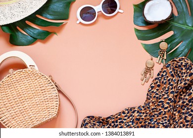 Fashion Vacation Concept Tropical Summer Flat Lay. Top View. Copy Space
