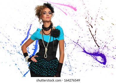 Fashion Woman 80's Style Over Pain Splatter Background