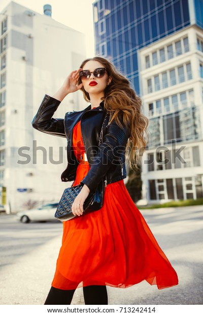 red dress leather jacket