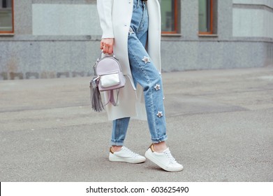 Fashion Woman With Colorful Backpack On The City Street . Street Style .