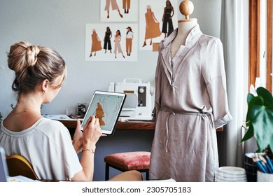 Fashion, woman drawing design on tablet with mannequin, small business ideas and creative process in studio. Creativity, textile and designer working on digital sketch with pattern and illustration. - Powered by Shutterstock