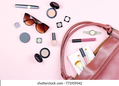 Fashion Woman Feminine Flat Lay With Beauty Products And Accessories On Pink Background, Copy Space,