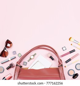 Fashion Woman Feminine Flat Lay With Beauty Products And Accessories On Pink Background, Copy Space