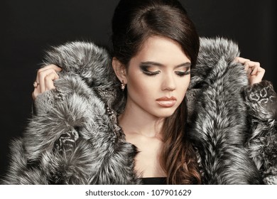 Fashion Woman In Fur Coat, Lady Portrait