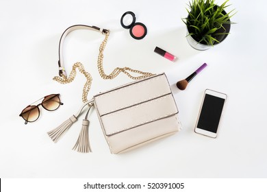 Fashion Woman Handbag With Cellphone, Makeup And Accessories, Top View