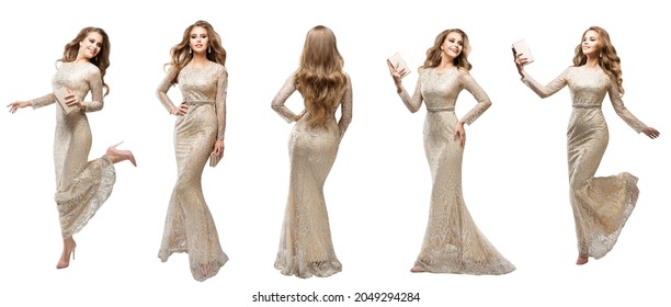 Fashion Woman in Long Holiday Dress Set. Beauty Model in Silver Sequin Sparkly Lace Evening Gown over White Studio Background. Elegant Lady posing looking at camera, side back rear view