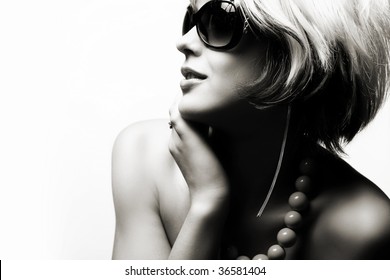 Fashion Woman Portrait Wearing Sunglasses On White Background