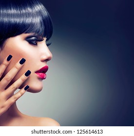 Fashion Woman Profile Portrait. Vogue Style Model. Stylish Makeup And Manicure. Beauty Girl With Black Hair