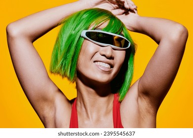 Fashion woman smile shocked background swimsuit sunglasses beauty lips yellow trendy summer wig portrait - Shutterstock ID 2395545637