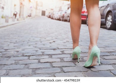 Fashion Woman Walking On The Street On High Heels, Close Up Of Female Legs On Pavement